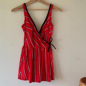 Vintage Red Pin Stripe 1950s one piece swimsuit - retro 5os swim with skirt